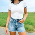 thumbnail image 5 of Women Ringer Tshirt Colorblock Slim Fit Summer Basic Tee Short Sleeve Tops Crew Neck Casual Y2k T-shirt (XL, White), 5 of 5