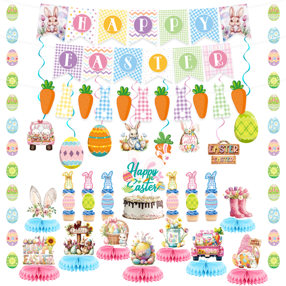 Easter Party Decorations Combo Set with Bunny Carrot Banner, Hanging Swirls, Table Decor