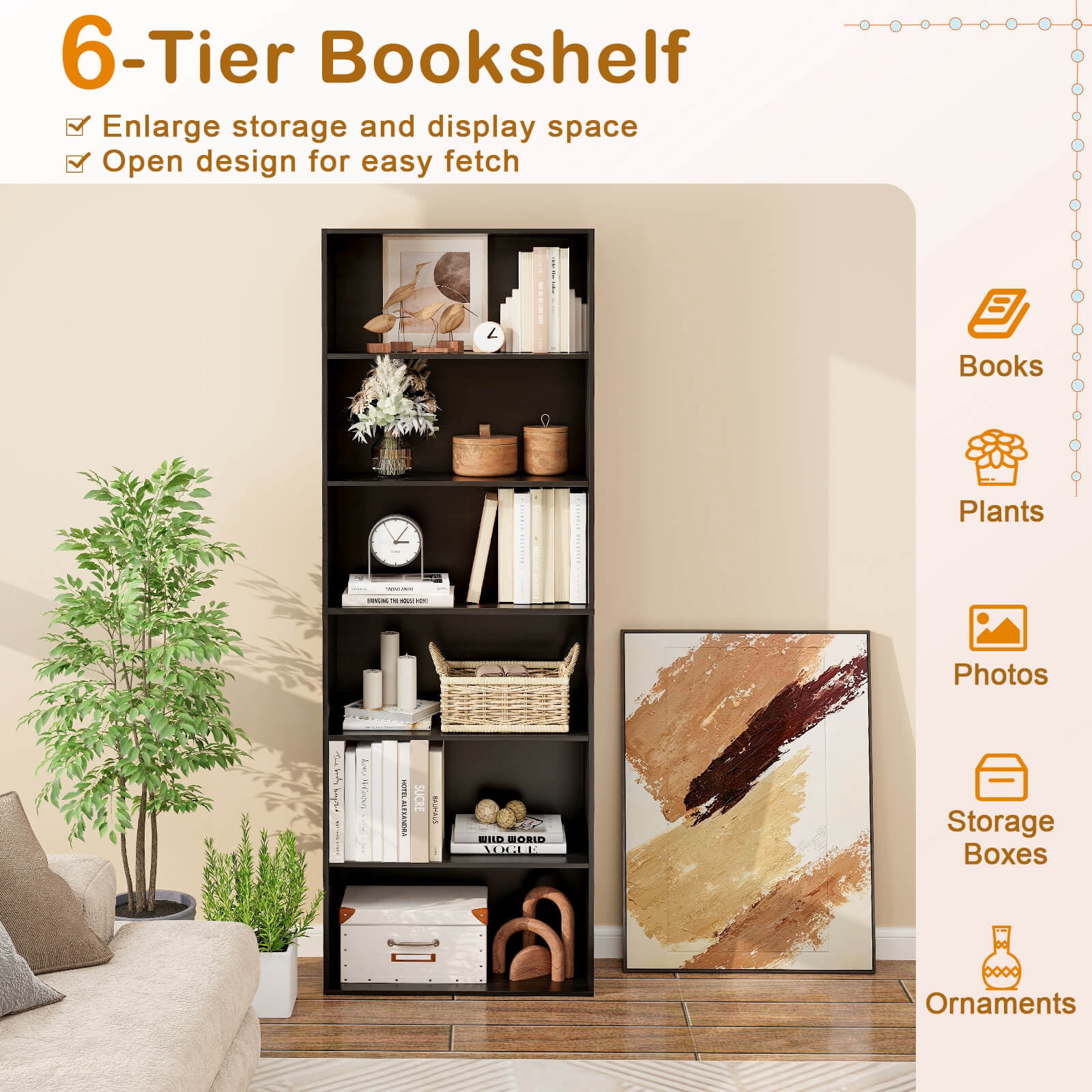 Costway 70" Tall 6-Tier Bookcase with 6 Open Shelves Anti-Toppling Kits for Living Room Black