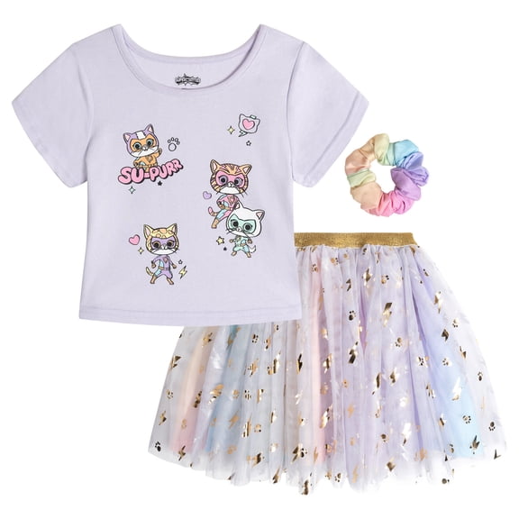 Disney Super Kitties Bitsy Buddy Ginny T-Shirt, Tutu Tulle Skirt and Scrunchie 3 Piece Outfit Set Toddler to Big Kid