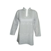 Mogul Women's Blouse Tunic Ethnic White Embroidered Long Sleeves Kurti Shirt S