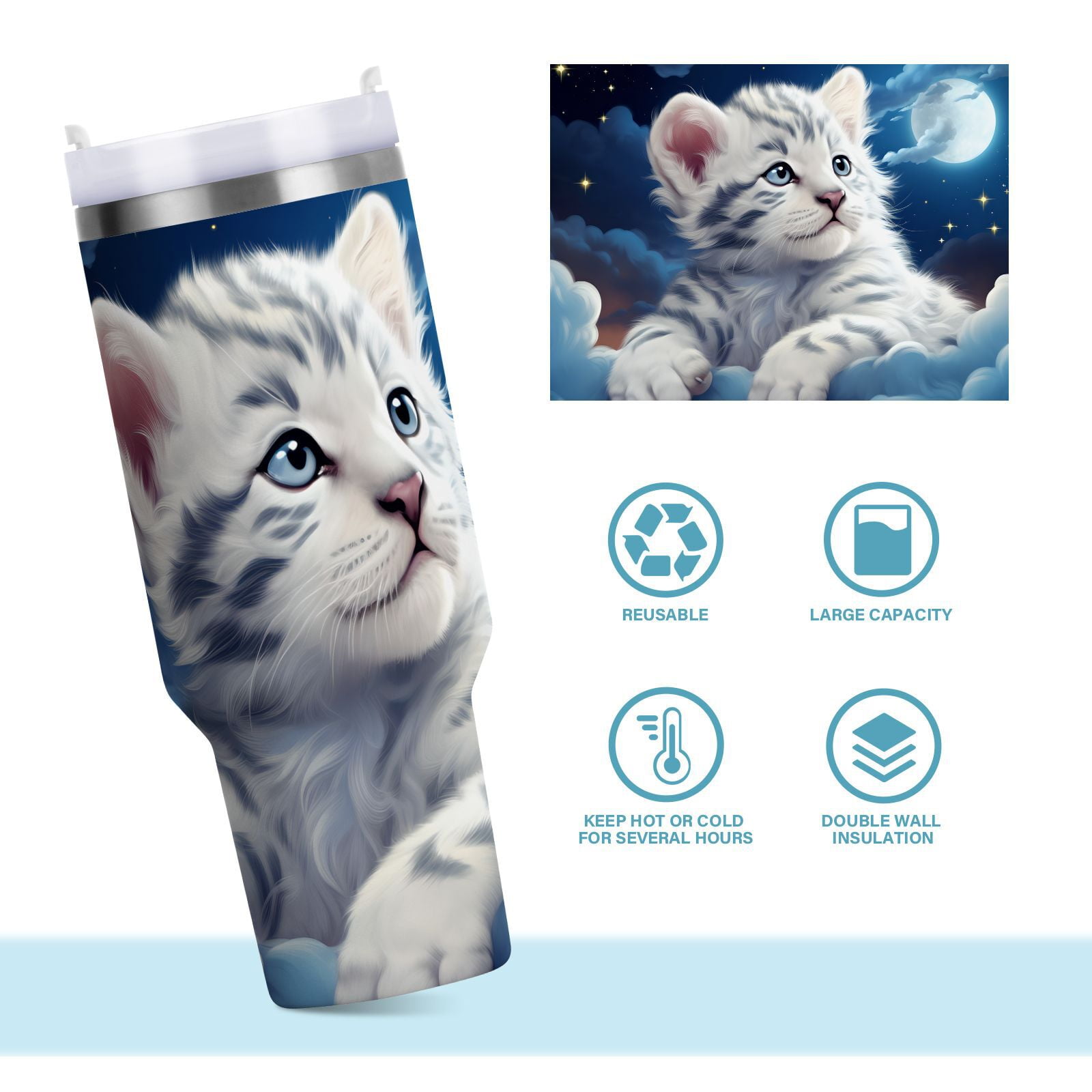 JSTEL Cute White Tiger Baby 30 oz Tumbler Stainless Steel Water Bottle Vacuum Insulated Cup with Straw Lid & Handle For Travel Car Cup Holder