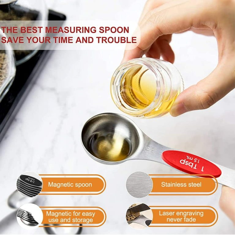 Magnetic Measuring Spoons Set, Dual Sided Stainless Steel Measuring Spoons  Fits in Spice Jars, Stackable Teaspoon for Measuring Dry and Liquid  Ingredients - Set of 8. 