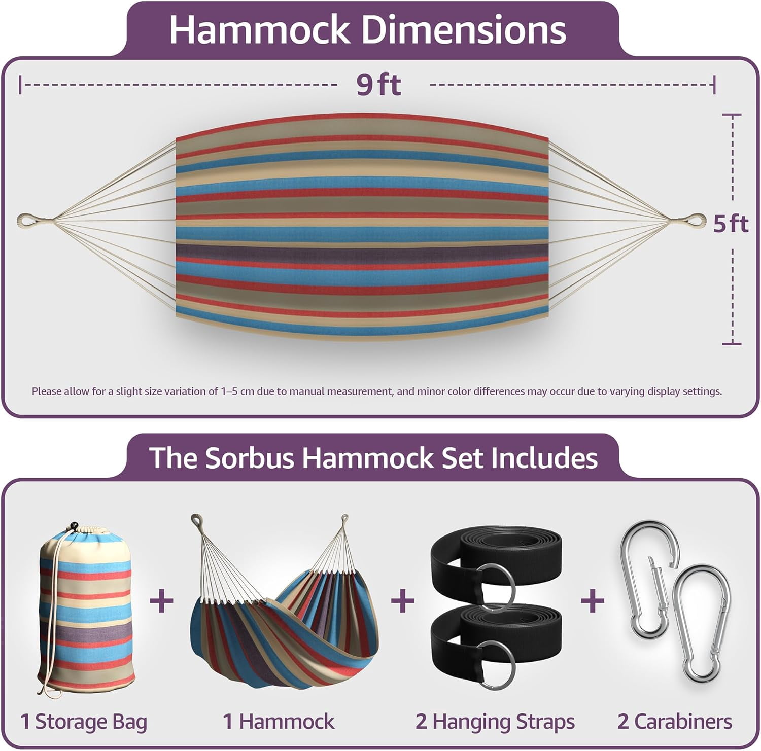 Brazilian Double Hammock - Extra-Long Two Person Portable Hammock Bed for Indoor or Outdoor Spaces - Hanging Rope, Carrying Pouch Included (Blue/Sand/Purple/Red Stripes)