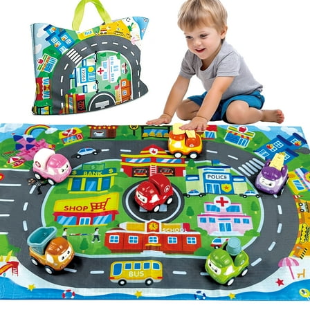 Allhall 6 Pcs Mini Pull Back Car with Playmat/Storage Bag, Infant Friction Power Vehicles, Education Birthday Gift for Boys Girls