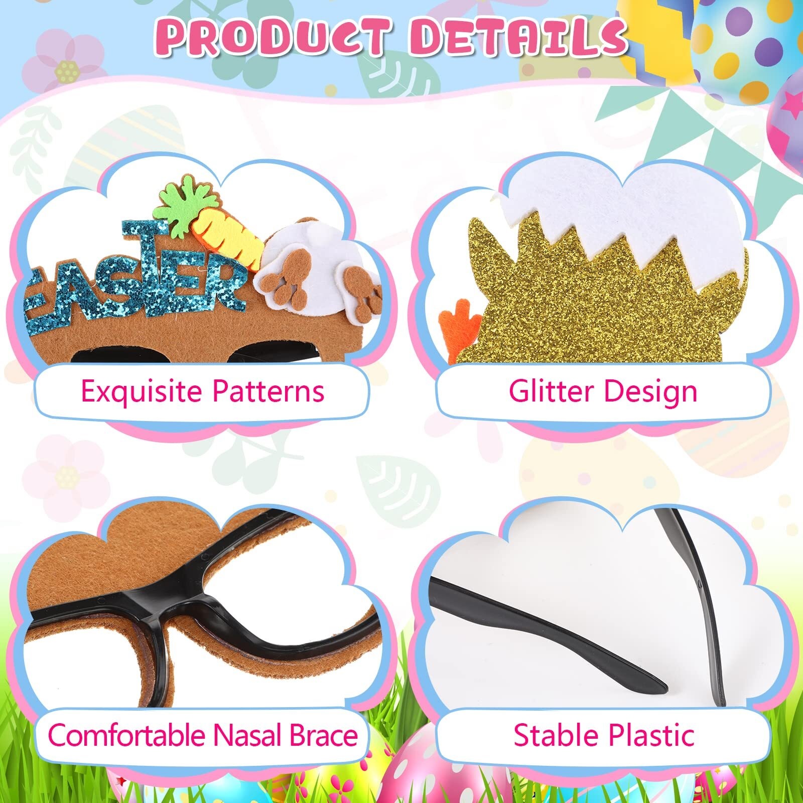 12 Pcs Felt Easter Glasses Easter Egg Glasses Frame Bulk Bunny Eyeglasses Plastic Photo Props for Kids Adult Easter Basket Stuffers Filler Easter Party Favors Decor Supplies