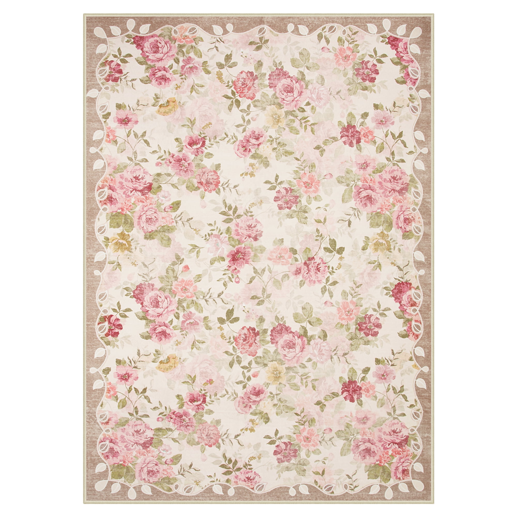 Lahome Decor 5'x7' Pink Floral Washable Rugs,5x7ft Rugs for Bedroom Girls Boho Area Rug,Vintage Rugs for Living Room Non Slip Low Pile Ultra-Thin Carpet for Farmhouse,Dining Room,Kids Playroom,Beige