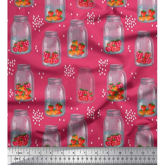 Soimoi Pink polyester Crepe Fabric Bottle Vase & Strawberry Fruits Printed Craft Fabric by the Yard 42 Inch Wide