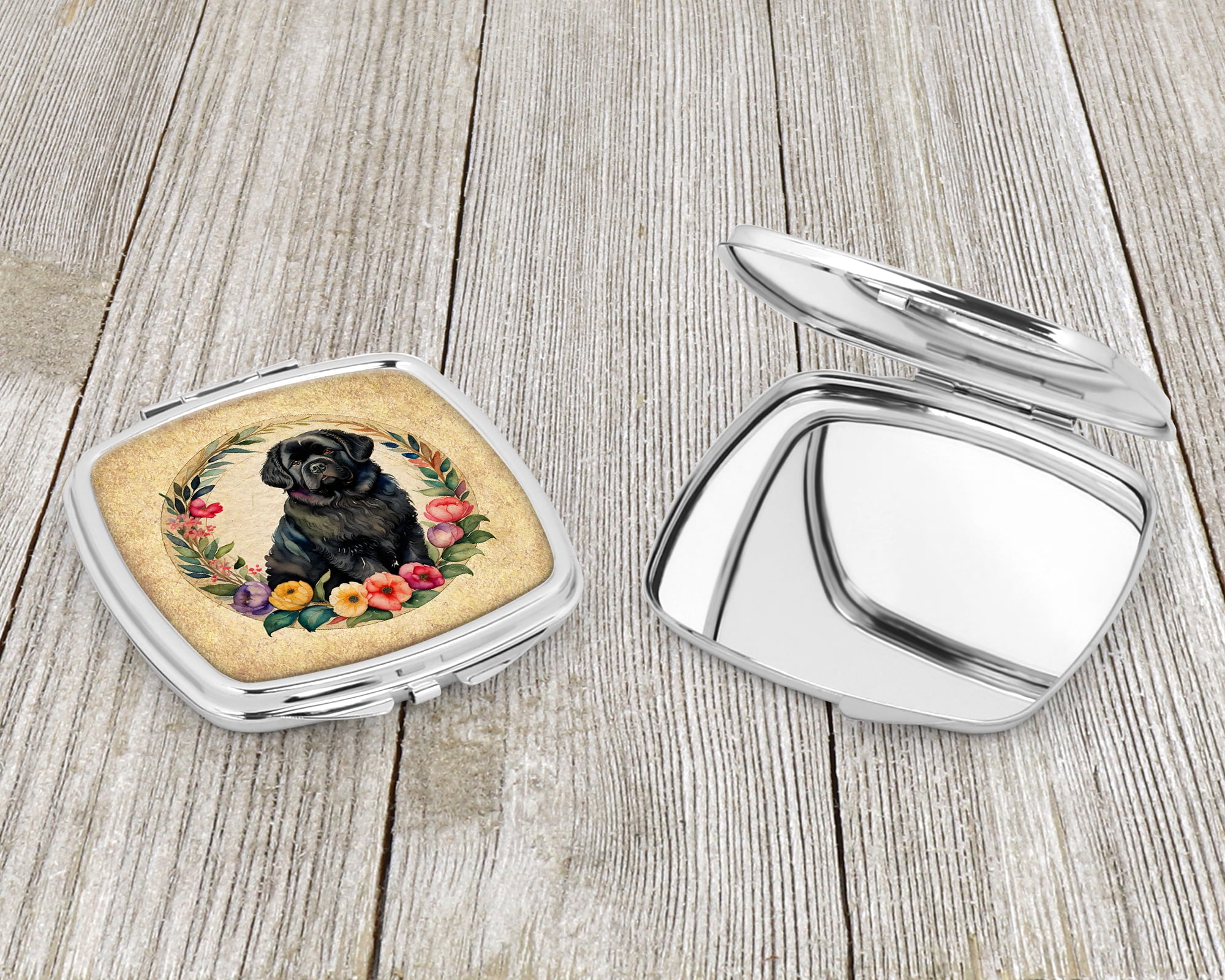 Newfoundland and Flowers Compact Mirror 2.75 in x 3 in
