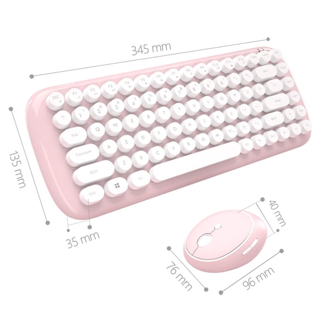 Wireless 2.4 GHz Cute Keyboard and Mouse Combo, Retro Round Key Caps, UK Layout, Pastel Pink