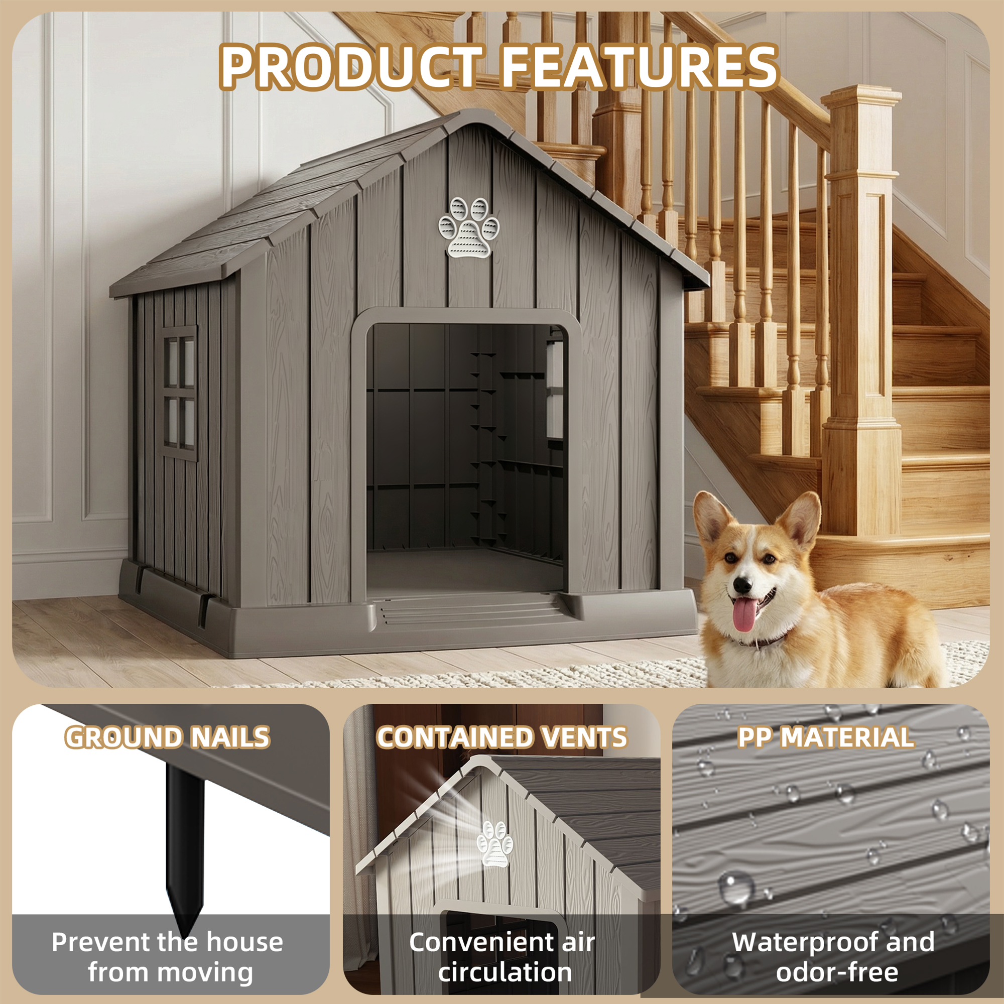 MAYEERTY All-Weather Outdoor Dog House, UV-Protected Pet Shelter for Garden Retreat, Brown