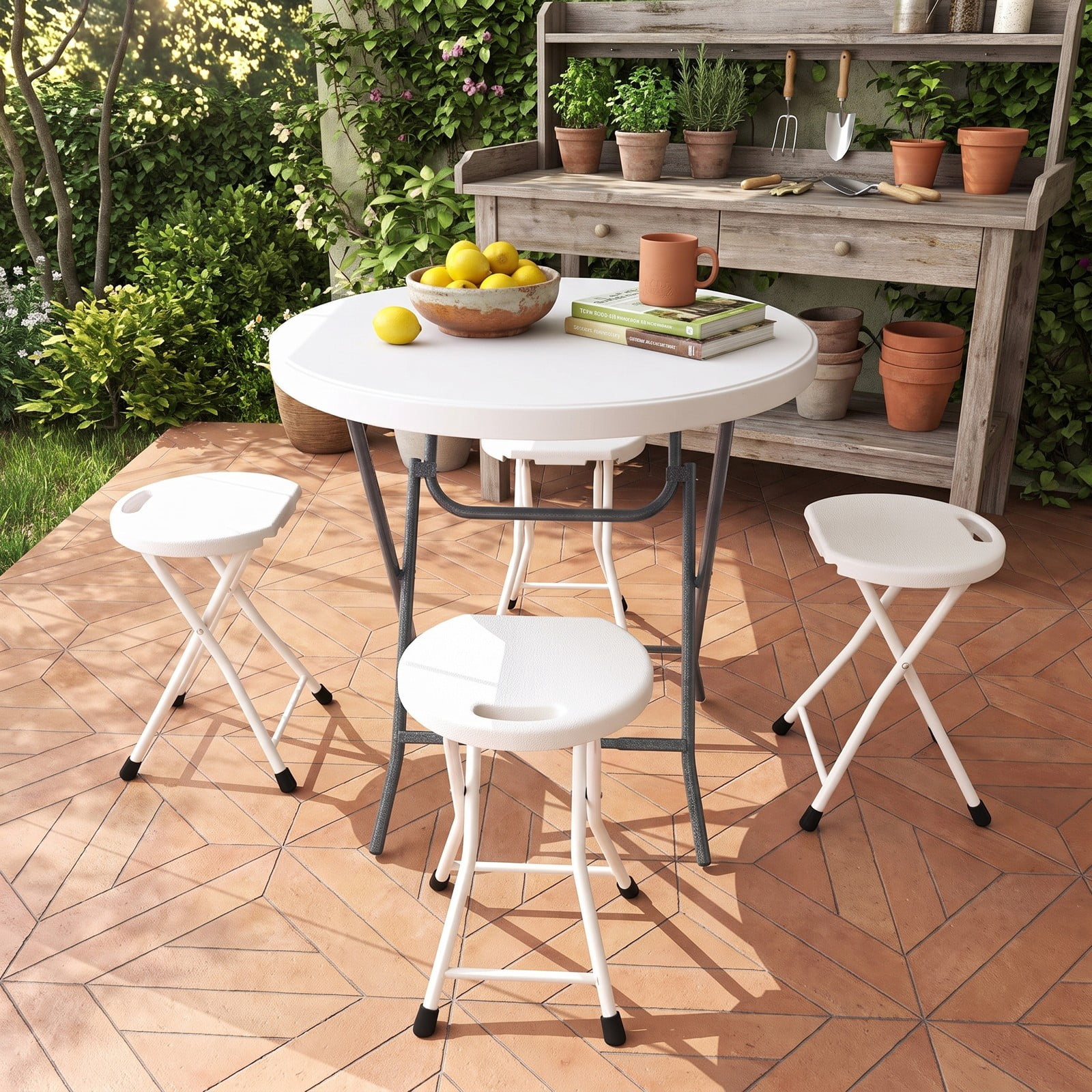 Furnibear 32 Inch Round Folding Table with Thick HDPE Tabletop and Anti Slip Footpads for Picnic Party and Backyard Dining, White