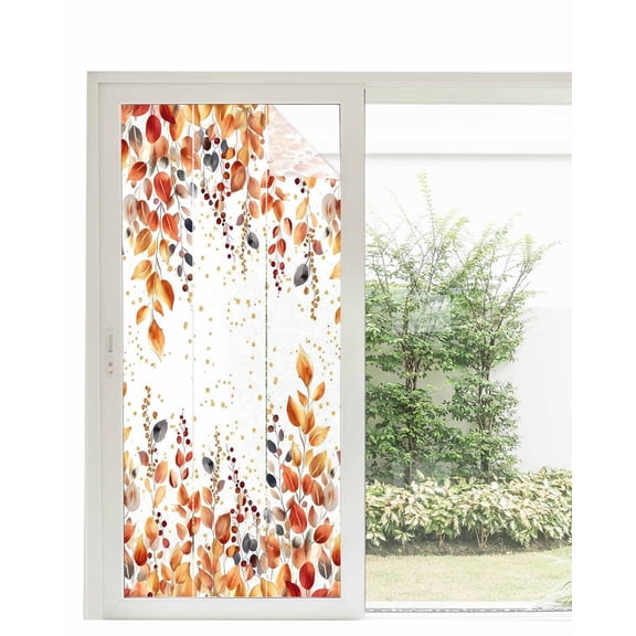 Window Privacy Film Orange Fall Leaves Stained Glass Window Film Decorative Sun Block Window Cover Vintage Country Plants Pastoral Farm Window Clings Static Adhesive Sticker for Bathroom 35.4"x78.7"