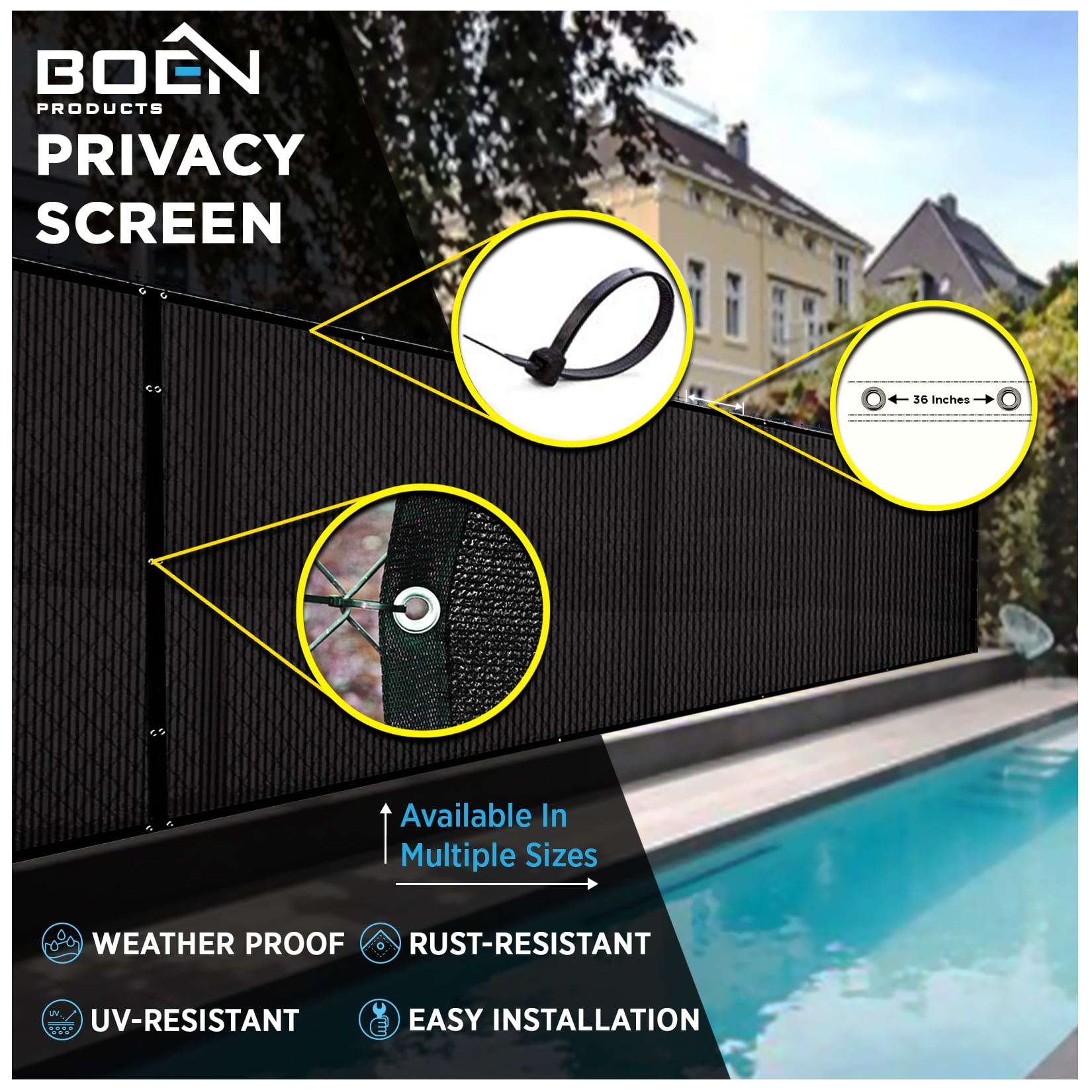 BOEN Privacy Fence Screen Netting, 6 ft x 100 ft, Black, Reinforced Grommets, Commercial Fence Cover