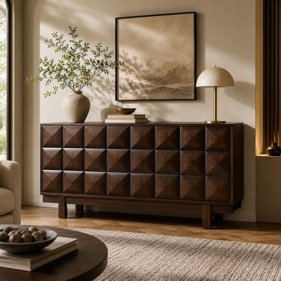 LKTART 60" Modern Sideboard Buffet Cabinet, Walnut Ash Veneer Credenza with 3D Sculpted Doors, Adjustable Shelves, TV Stand Media Console, Dark Brown