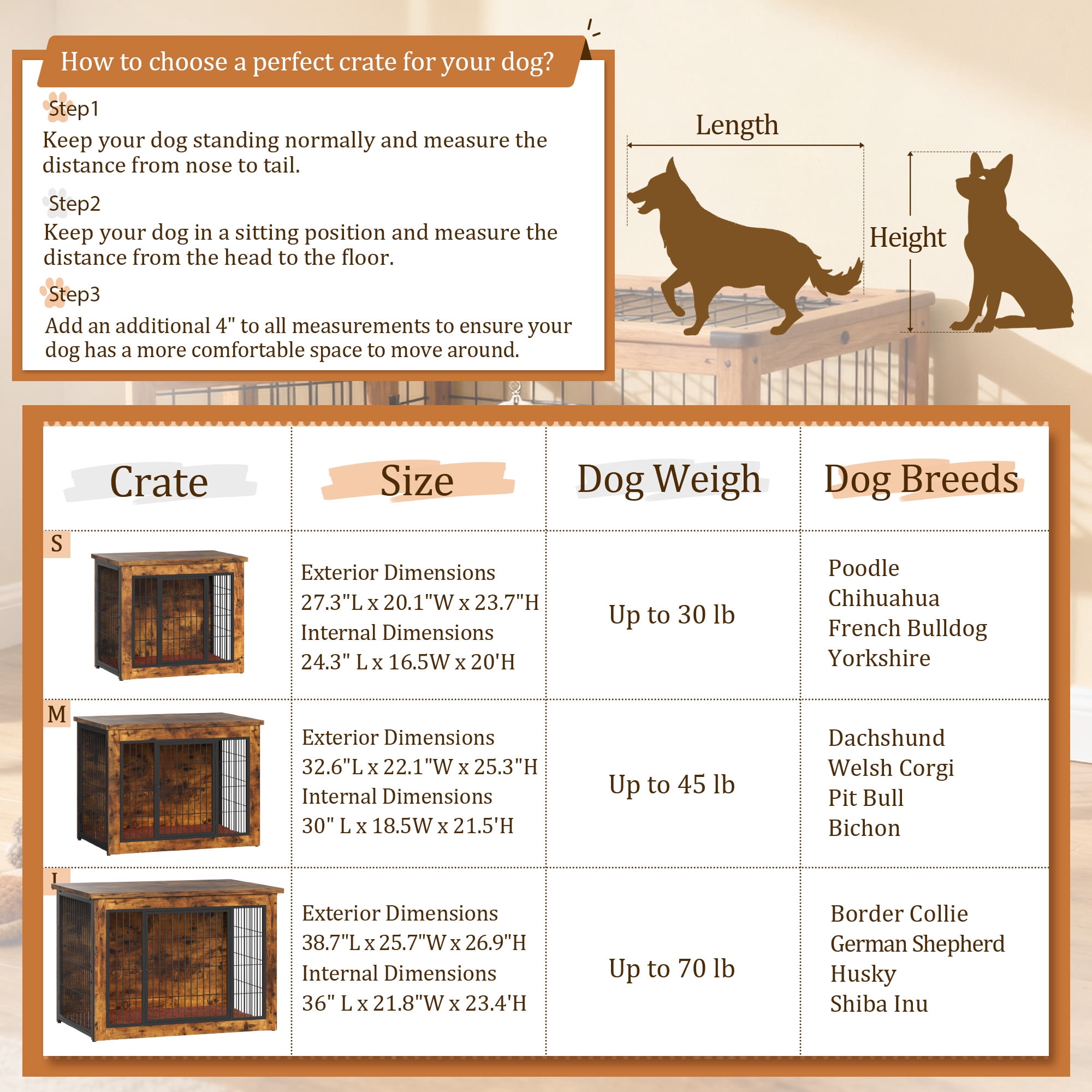 Furmax Wooden Indoor Dog Crate Furniture with Double Doors and Thick Cushion,Brown