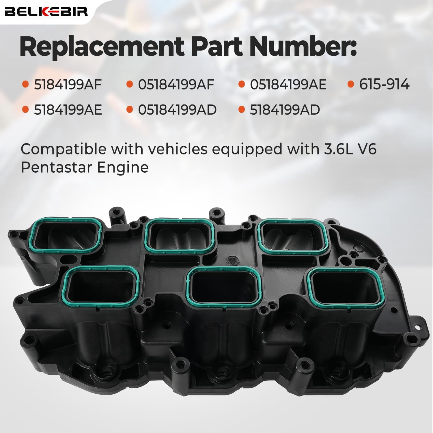 Lower Intake Manifold with Gasket for 2011-2021 Dodge Charger Challenger Durango Jeep Wrangler Grand Cherokee RAM 1500 ProMaster Chrysler 200 300 Town & Country 3.6L Pentastar V6 Replace 05184199AF