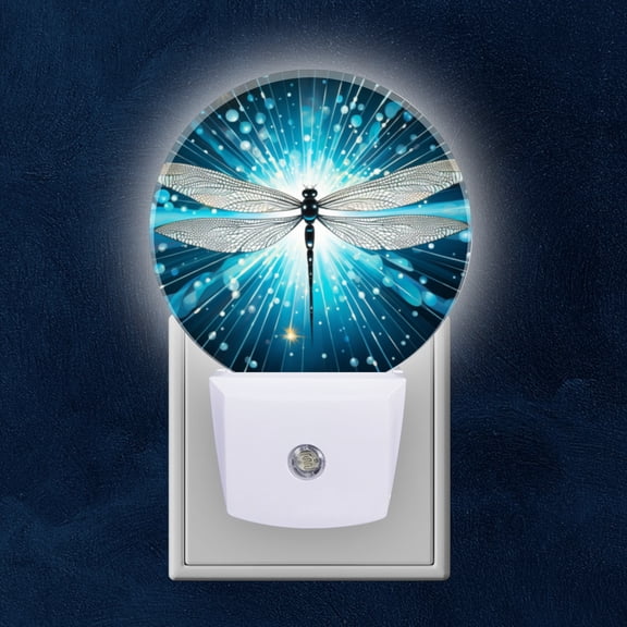 Round LED Night Lights Lamp with Dusk to Dawn Sensor, Dragonfly Shiny Abstract Night Light Plug Into Wall for Kids Room, Bedroom, Bathroom, Kitchen, Hallway