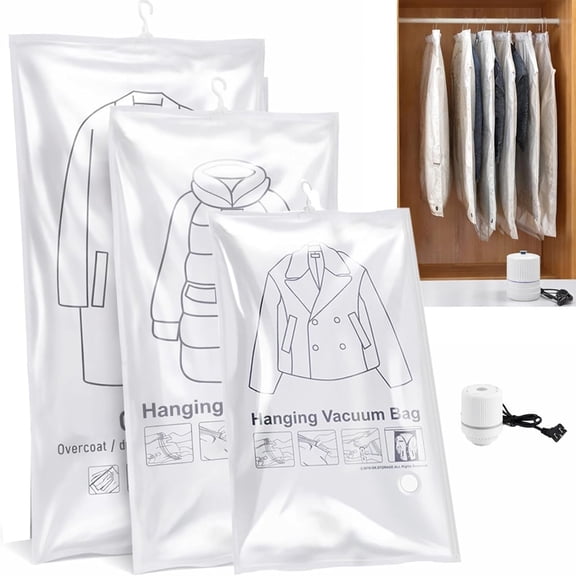 Hanging Vacuum Storage Bags, Hanging Vacuum Bags for Coats with Electric Pump, Reusable Space Saver Clear Protective Cover for Clothing (S M L)