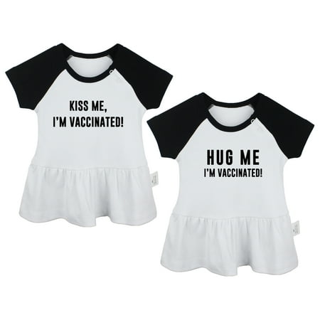 Pack of 2, Kiss Me I'm Vaccinated & Hug Me I'm Vaccinated Funny Dresses For Baby, Newborn Babies Skirts, Infant Princess Dress, Toddler Frocks (Black Raglan Dresses, 0-6 Months)