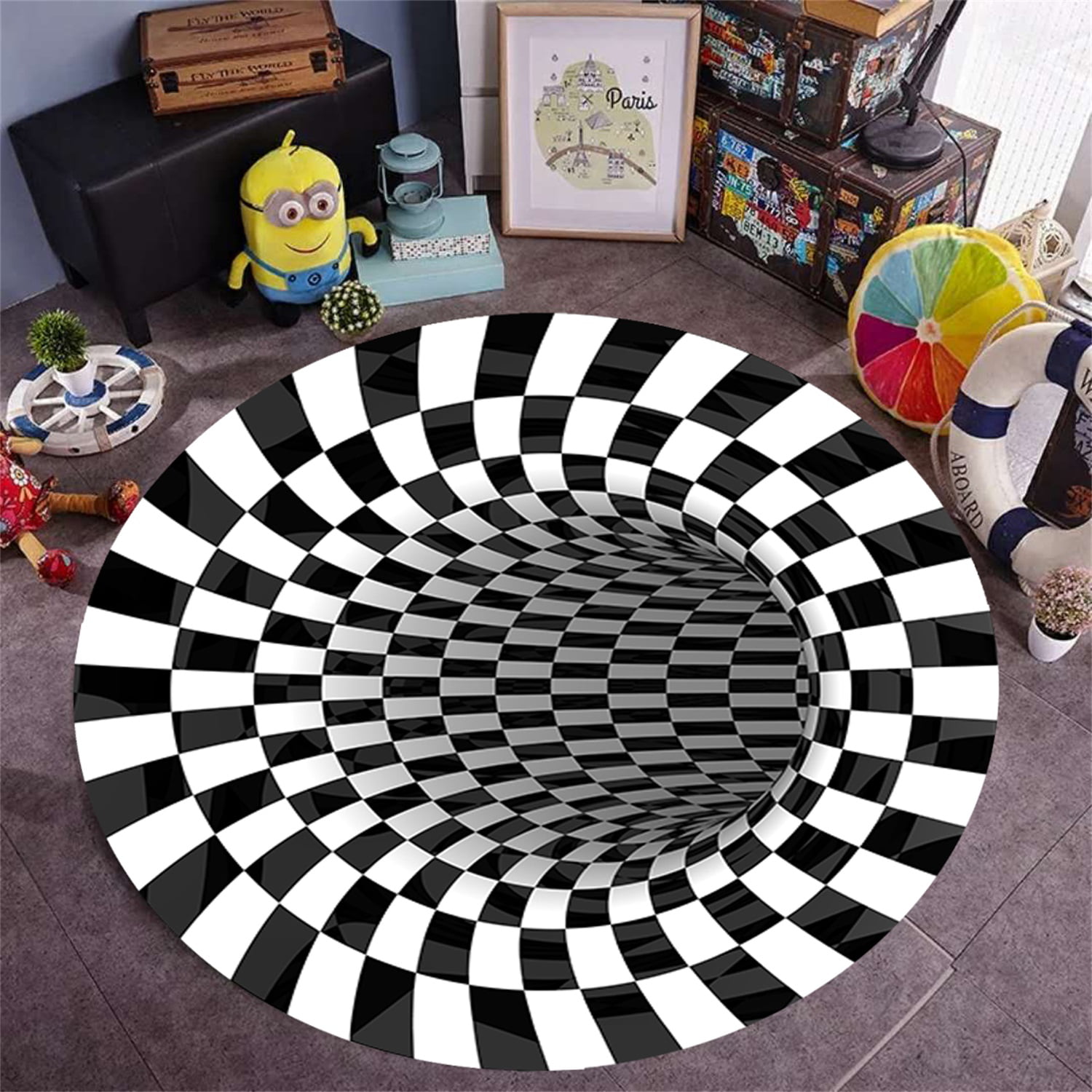 Baoblaze 2Pcs 60cm Black White Grid Carpet 3D Illusion Floor Mat Anti-Skid