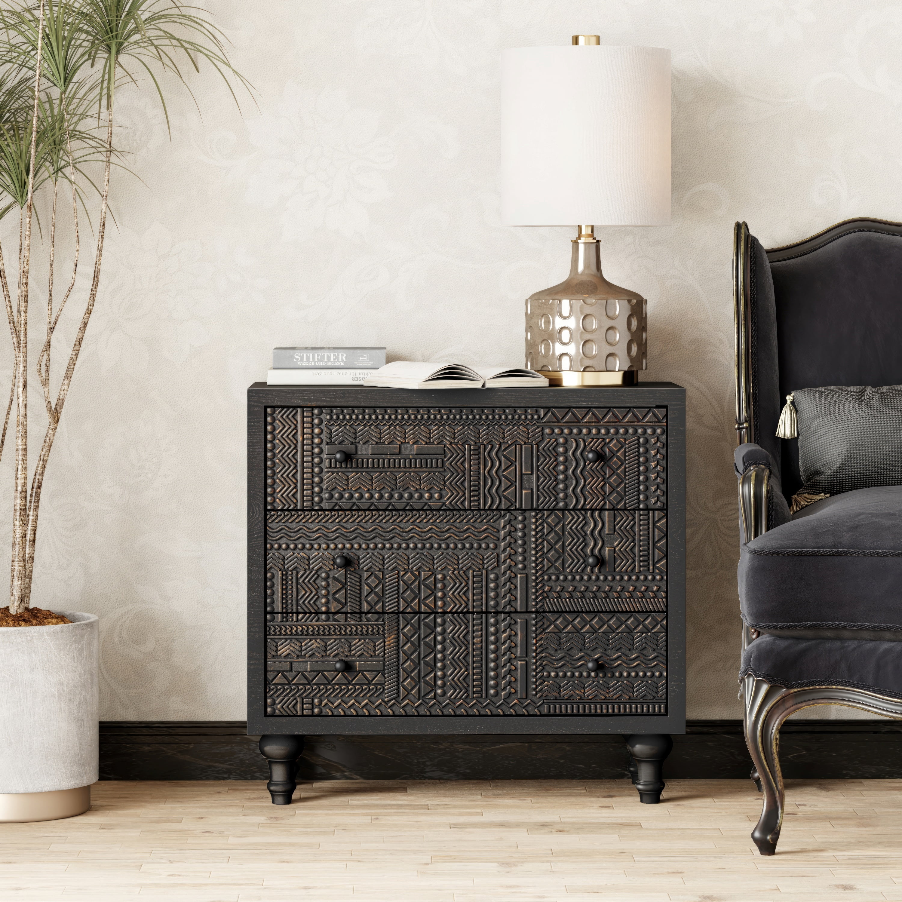COZAYH 3 Drawer Farmhouse Dresser with Geometric Carved Pattern, Vintage Accent Wood Storage Chest Nightstand for Living Room, Bedroom, Boho, Mid-Century Modern, Black, Fully Assembled