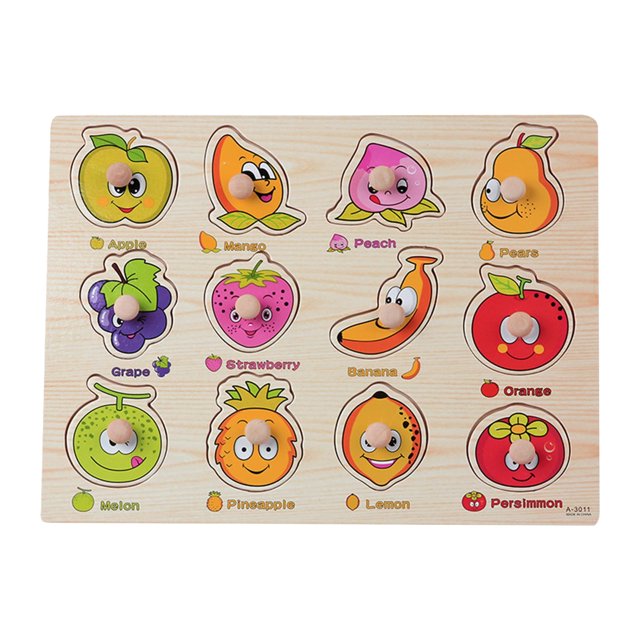Juego de rompecabezas de clavijas de madera para niños con números del alfabeto, frutas, animales y vehículos