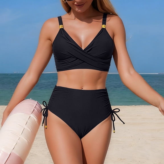 Women High Waisted Bikini Sets V Neck Cross Twist Front Two Piece Swimsuit Tummy Control Bathing Suit Black S