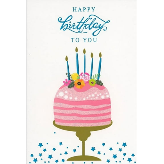 Pictura Pink Layer Cake with Blue Foil Candles Birthday Card
