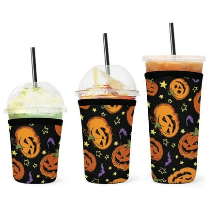 

Set of 3 Packs Reusable Hot And Iced Coffee Cup Sleeve Neoprene Tumbler Sleeve Halloween Pumpkin(16 24 32oz)