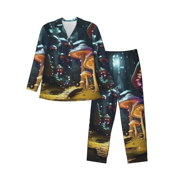 Kdxio Purple Glowing Mushroom Men’s Pajama Set Pajamas For Men 2 Piece PJ Set with Men Pajama Pants and Long Sleeve T-Shirt Lounge Set-