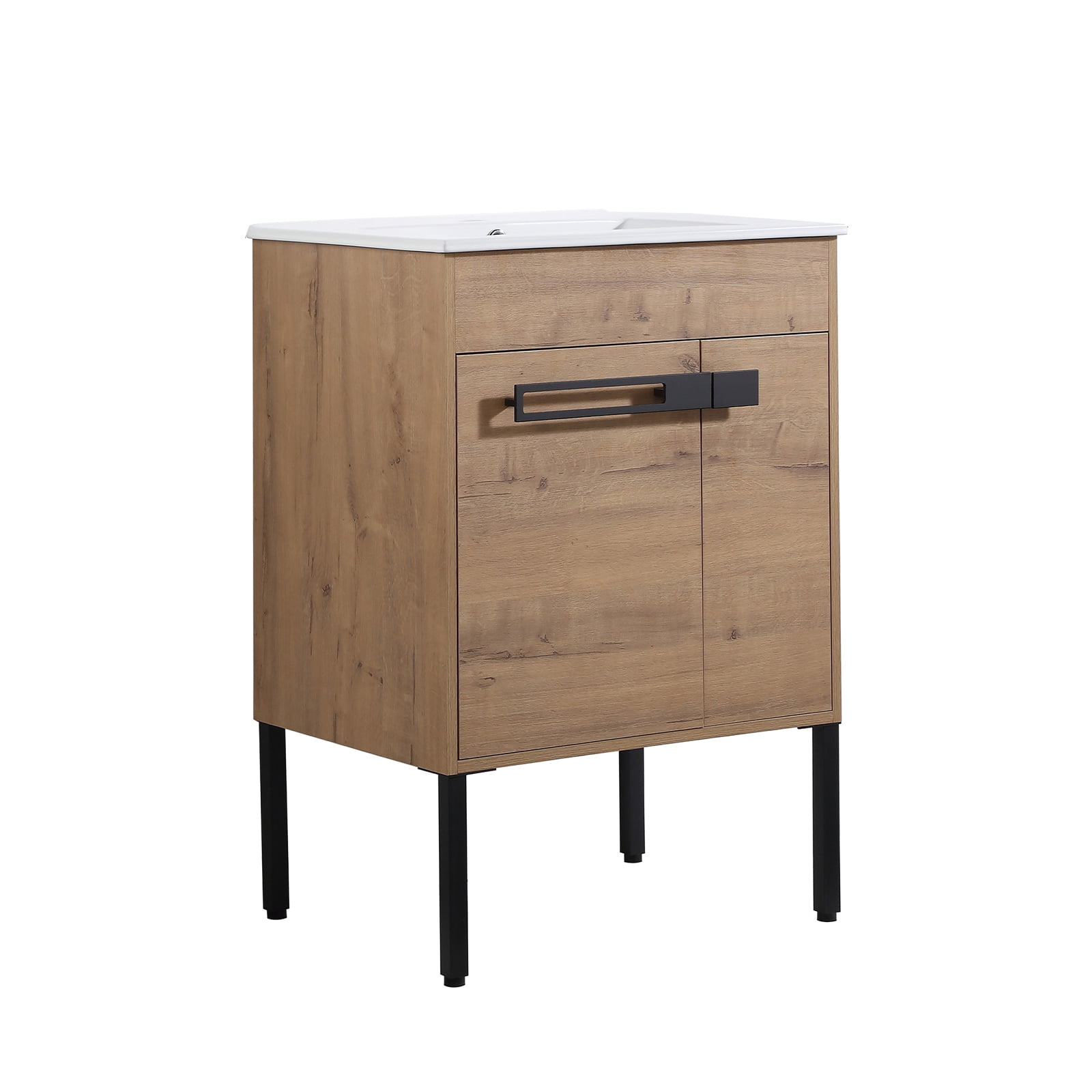 24" Bathroom Vanity with Sink Combo Bathroom Vanity Ceramic Single Basin Set with Doors Adjustable Shelves for Bathroom, Oak 24"