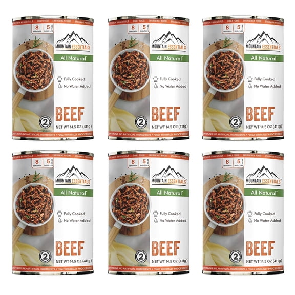 Mountain Essentials Canned Beef, Fully Cooked Ready-to-Eat, 14 oz (Pack of 6), Long Shelf-Life Emergency Food