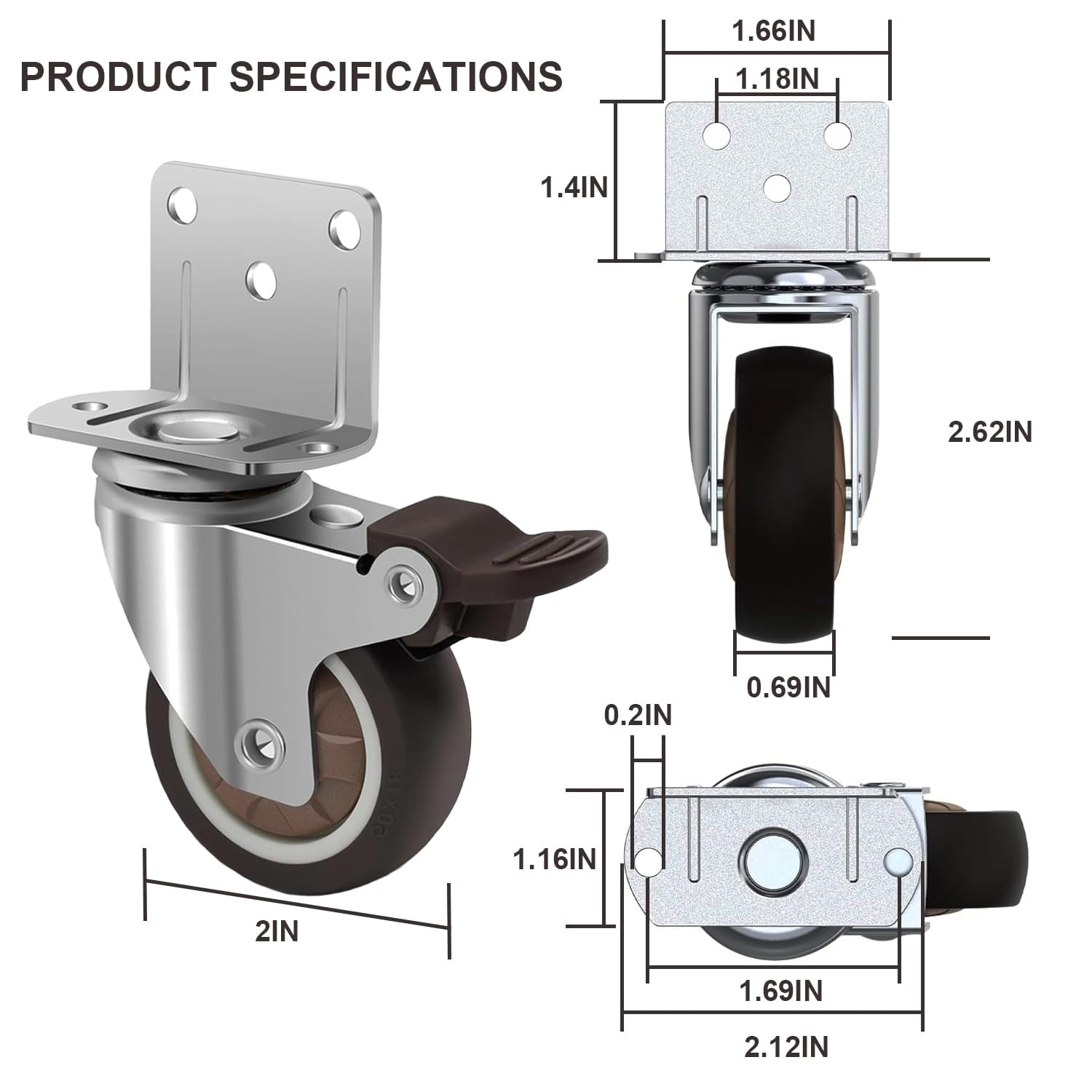 2-inch side-mounted caster set, 4 rubber small casters, furniture casters, baby crib with wheels, table wheels, cabinet, office chair caster replacement, total load capacity of 300 pounds.