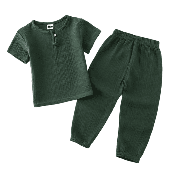 Blekii Kids Summer Cotton Linen Set, 2 Piece Short Sleeve Top And Pants, Casual Outfit, Blackish Green, 100