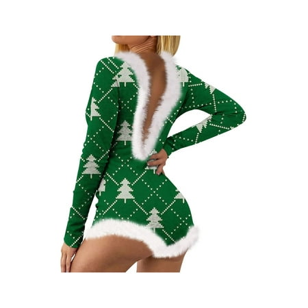 

Women Christmas Fluffy Trim Short Romper Pajamas Backless Deep V Neck Long Sleeve One Piece Sleepwear Bodycon Jumpsuit