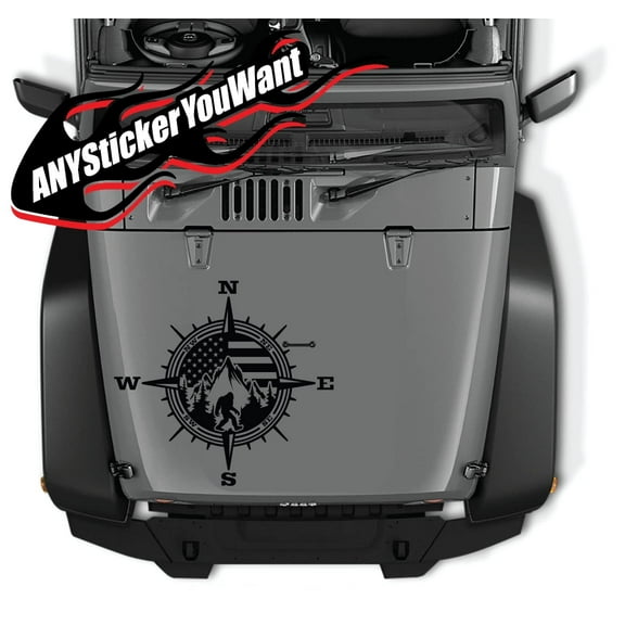 AnyStickerYouWant - Bigfoot & Mountains Flag Compass Sticker, Vinyl Hood Decal/Car Window Stickers/Auto Graphics Body Side Compatible with and Fits Jeep Wrangler and Most Jeeps