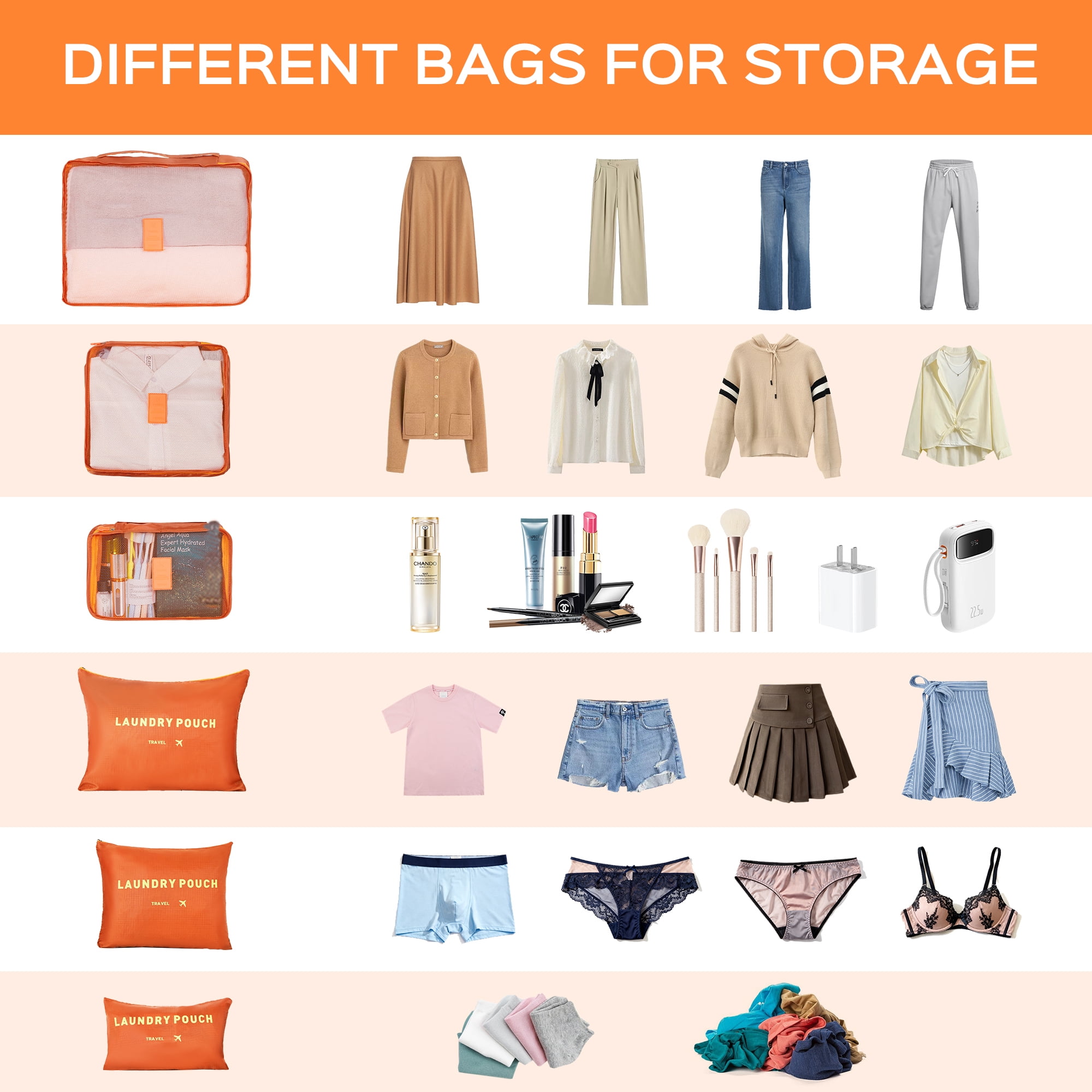 9 Piece Luggage Sets, Hard 20 24 28 inch Luggage with 6 Pieces Organize Bags Travel Suitcases Sets with Wheels, Orange