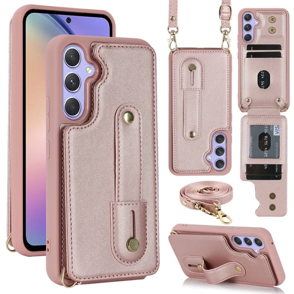 Tianyeda Crossbody Wallet Phone Case for Samsung Galaxy A55, PU Leather Case Back with Card Slot Magnetic Clasp Kickstand wrist holder RosePink