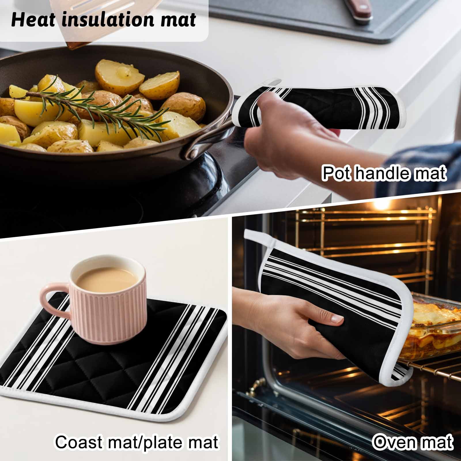 Black Striped Pot Holders for Kitchen Heatproof Potholder, 5 Pack Farmhouse Black White Stripes Hot Pads Multipurpose Oven Pads Cloth Potholders Trivet for Cooking Baking