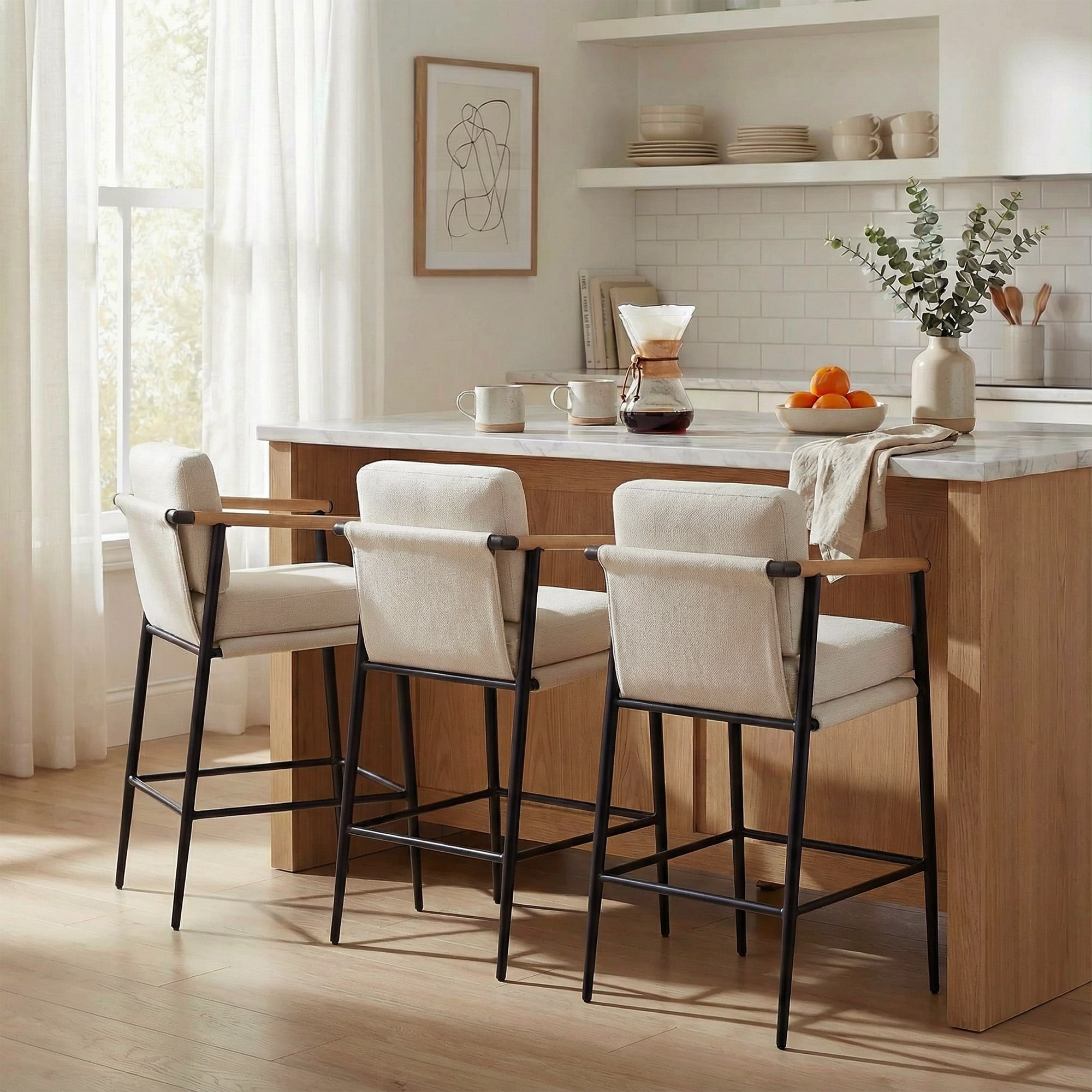 Spruce & Spring Mid-Century Modern Counter Stool Set with Wood Armrests and Cushioned Sling Seat Set of 2, Linen Fabric