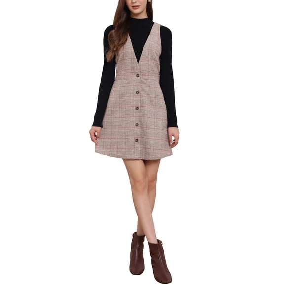 Vestido sin mangas de tirantes de cuadros houndstooth Inspire Chic para mujer L en color caqui