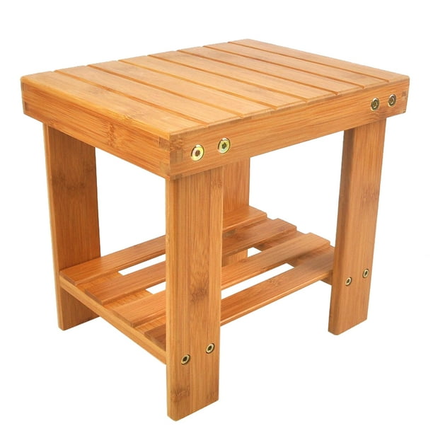 Bamboo Shower Seat Bench With Shelf 2 Tier Wooden Spa Bath Stool