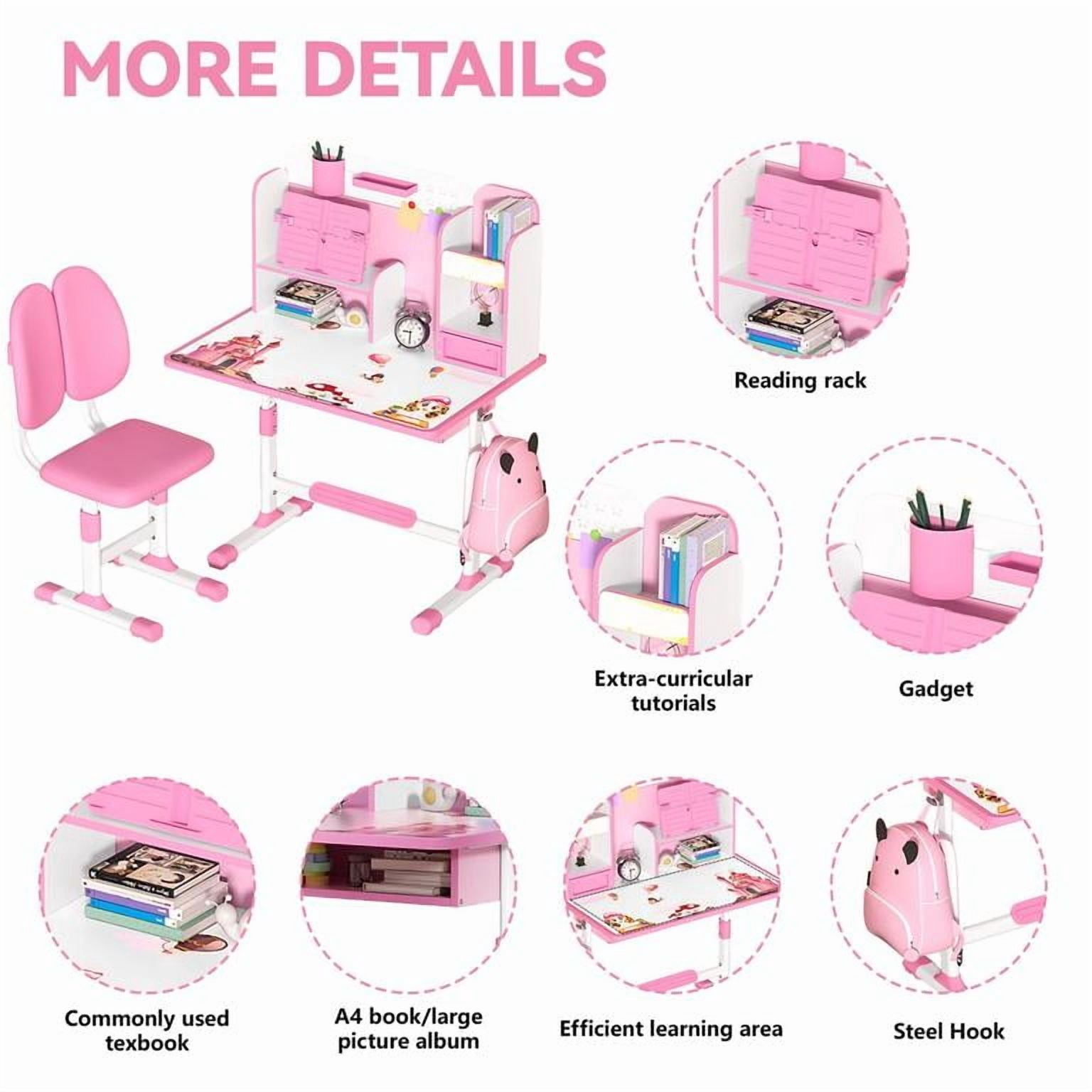YNCE Kids Desk and Chair Set School Desk| Height Adjustable Study Table with Book Stand & Foot Pedal, Ergonomic Children's Desks with Sitting Corrector for School Homework (Pink #1)