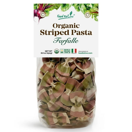 Organic Striped Farfalle Pasta, 8.8 oz (Pack of 1) - Italian Artisan Tri-Color Bow-Tie Pasta. Non-GMO, Vegan, Made with Semolina, Beet and Spinach. Perfect for Gourmet Cooking