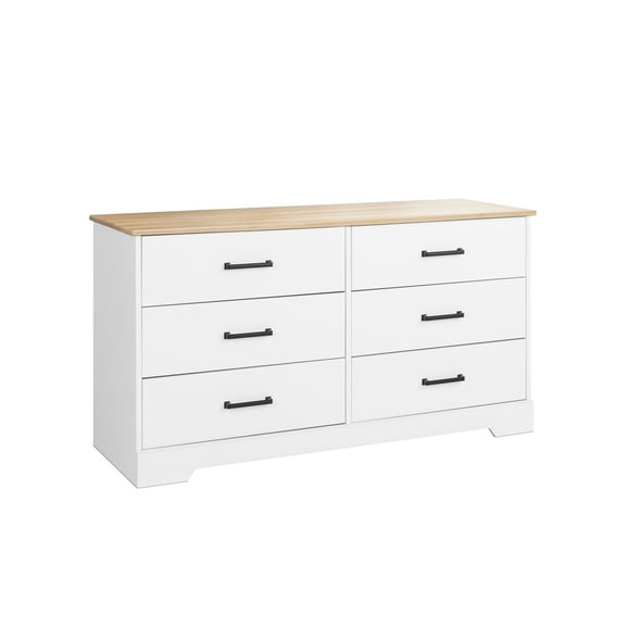 Prepac Rustic Ridge Farmhouse White and Oak 6-Drawer Bedroom Dresser, 18.25" D x 53.25" W x 28.5" H