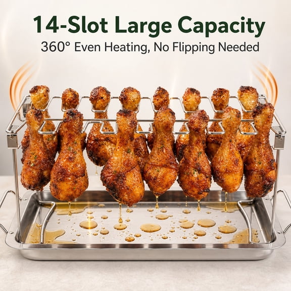 USIONE Stainless Steel Chicken Leg Rack with Drip Tray, 12 Slots Grill Rack for Chicken Wings & Drumsticks, BBQ Smoker Grill Accessories