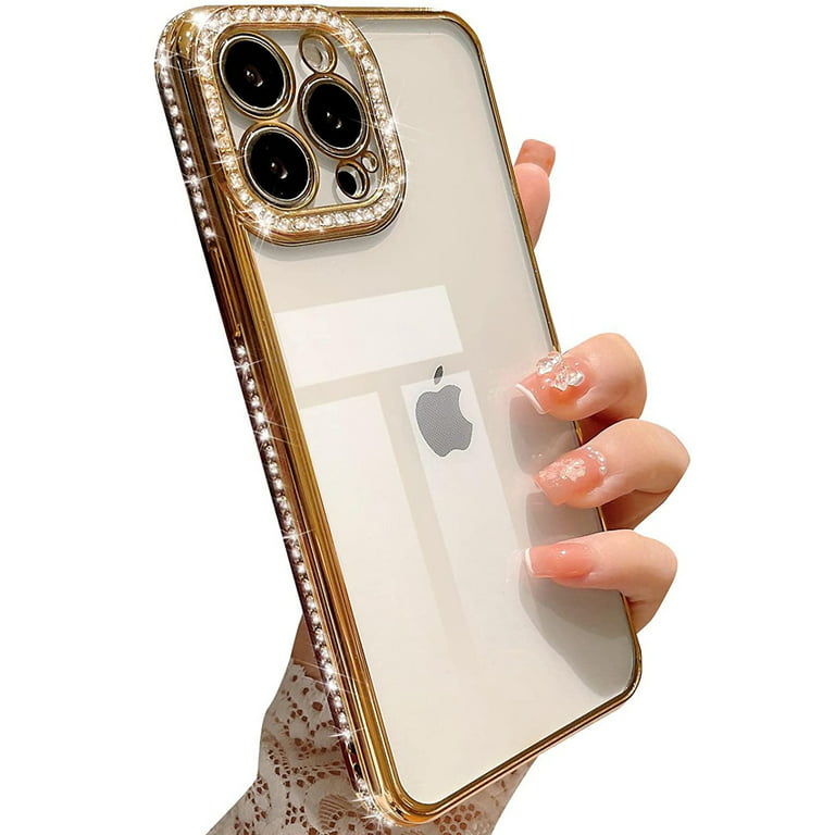 Dteck iPhone 14 Pro Max Case, Rhinestone Bling Diamond Lens Protector  Sparkle Shiny Bumper Plating Clear Phone Case for iPhone 14 Pro Max,Gold 