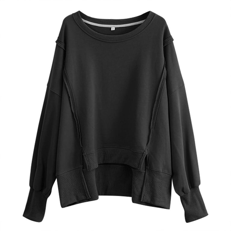 Baberdicy Drop Shoulder Sweatshirt Womens Oversized Crewneck Solid Color Sweatshirt Side Slit Long Sleeve Pullover Slouchy Fit Tops Women s