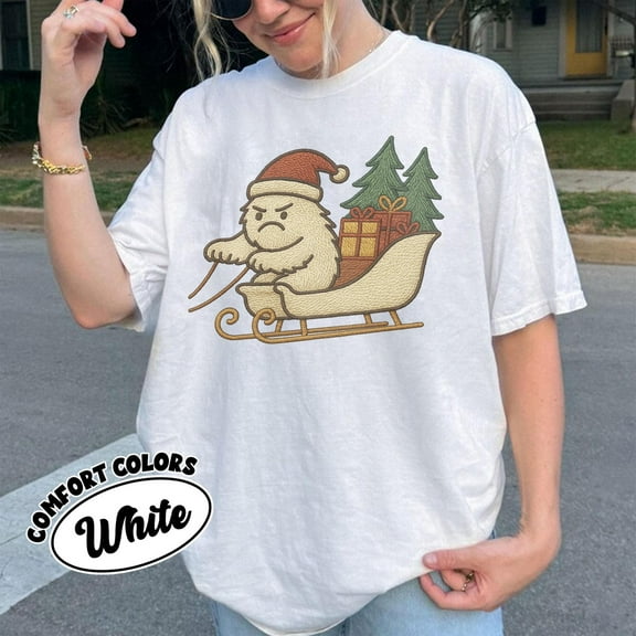 Yeti Christmas 2025 Shirt, Comfort Colors Bigfoot Sleigh Tee, Embroidered Style Ugly Christmas T-shirt, Funny Cryptid Holiday Gift